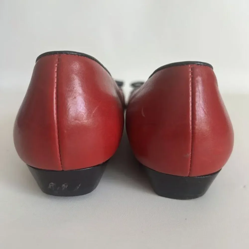 Salvatore Ferragamo Boutique Red Leather Bow Flats Shoes Womens Size 5.5 B Italy